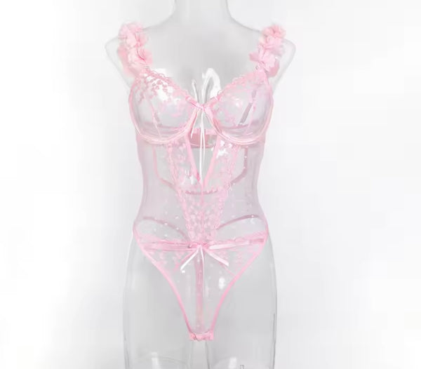 Women Sexy Sleeveless Mesh Heart Print Floral Bodysuit Lingerie