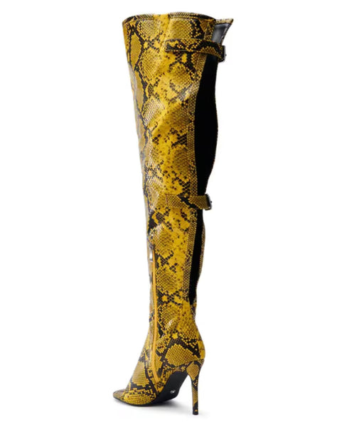 Women Fashion Open Toe Yellow Animal Print Knee High Boots