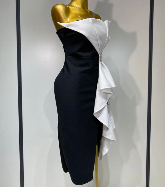 Women Sexy Strapless B&W Bling Ruffled Bandage Dress