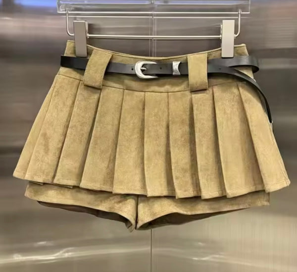 Women Fashion Suede Pleated Short Skirt