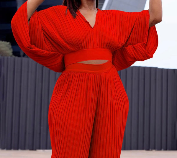 Women Sexy Fashion Full Sleeve Pleated Two Piece Pant Set