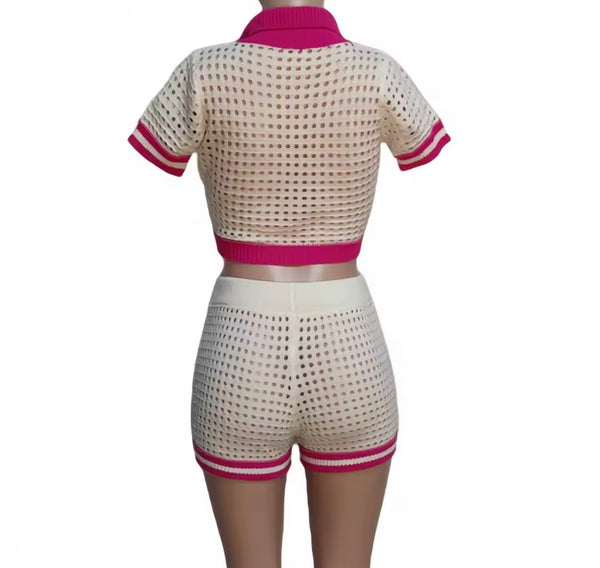 Women Fashion Button Up Color Patchwork Two Piece Short Set