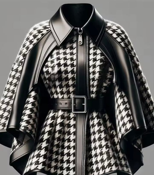 Women Fashion B&W Buckled Houndstooth Jacket