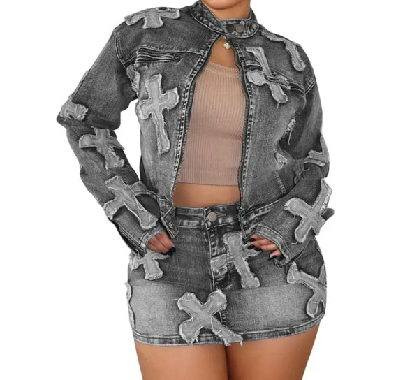 Women Fashion Patchwork Two Piece Denim Jacket Skirt Set