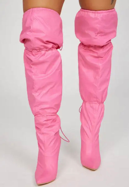 Women Fashion Faux Leather Pink Drawstring Knee High Boots