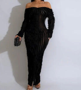 Women Sexy Off The Shoulder Full Sleeve Ruched See Through Maxi Dress