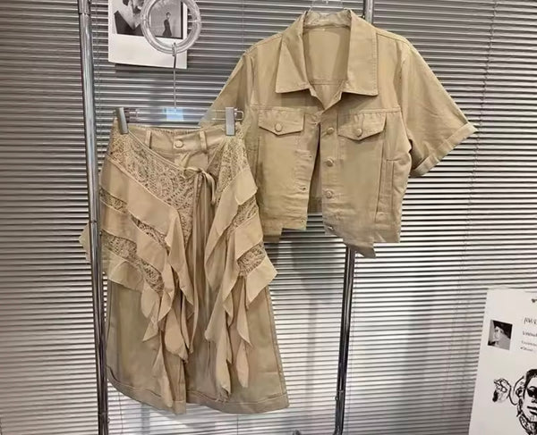 Women Khaki Button Up Short Sleeve Ruffled Lace Two Piece Short Set