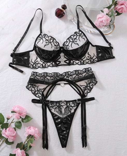 Women Sexy PU Printed Mesh Lingerie Set