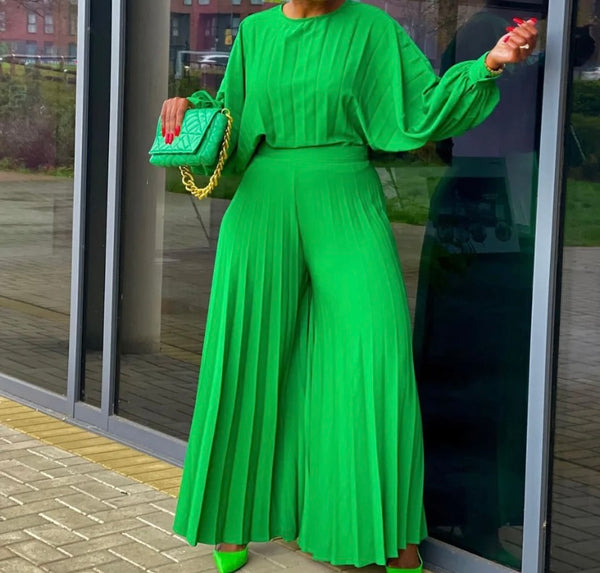 Women Fashion Full Sleeve Solid Color Two Piece Pleated Pant Set