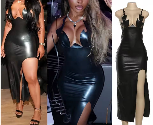 Women Black Sleeveless Faux Leather Split Sexy Maxi Dress