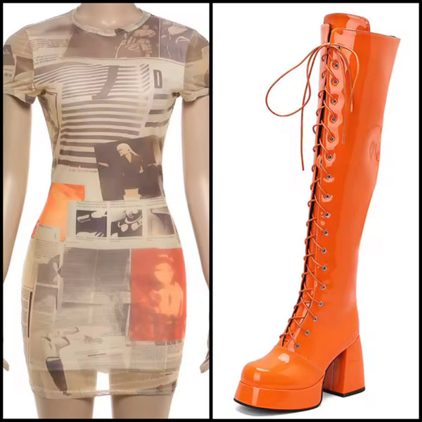 Women Fashion Patent Leather Lace Up Knee High Boots