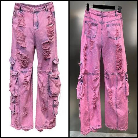Women Cargo Fashion Pink Ripped Denim Pants