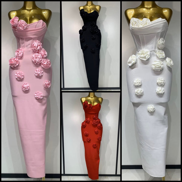 Women Strapless 3D Floral Sexy Bandage Maxi Dress