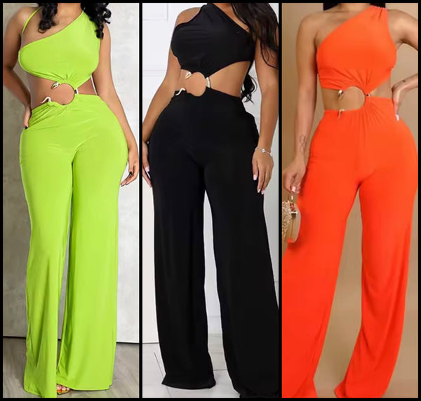Women Sexy Color One Shoulder Sleeveless Metal Cut Out Jumpsuit