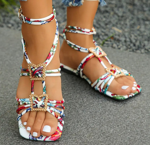 Women Fashion Multicolored Ankle Strap Flat Sandals