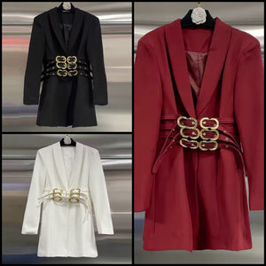 Women Fashion Color Buckle Belted Full Sleeve Blazer Top