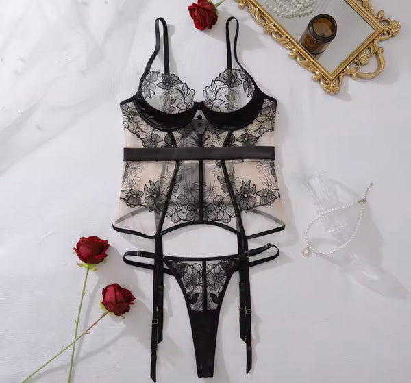 Women Sexy Black Floral Mesh Lingerie Set