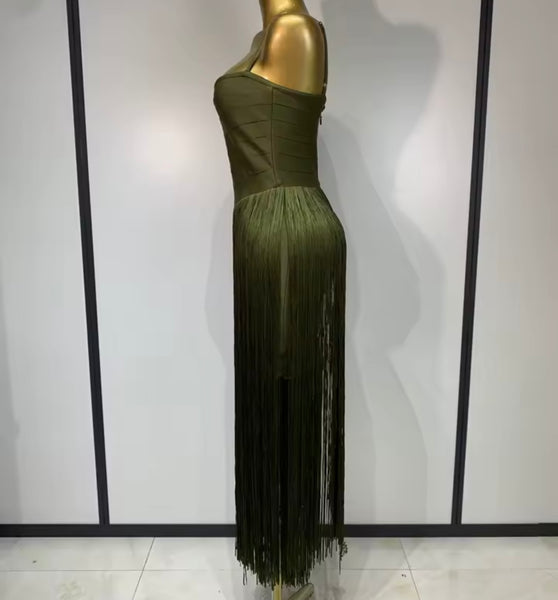Women Green Sexy Sleeveless Fringe Tassel Maxi Dress
