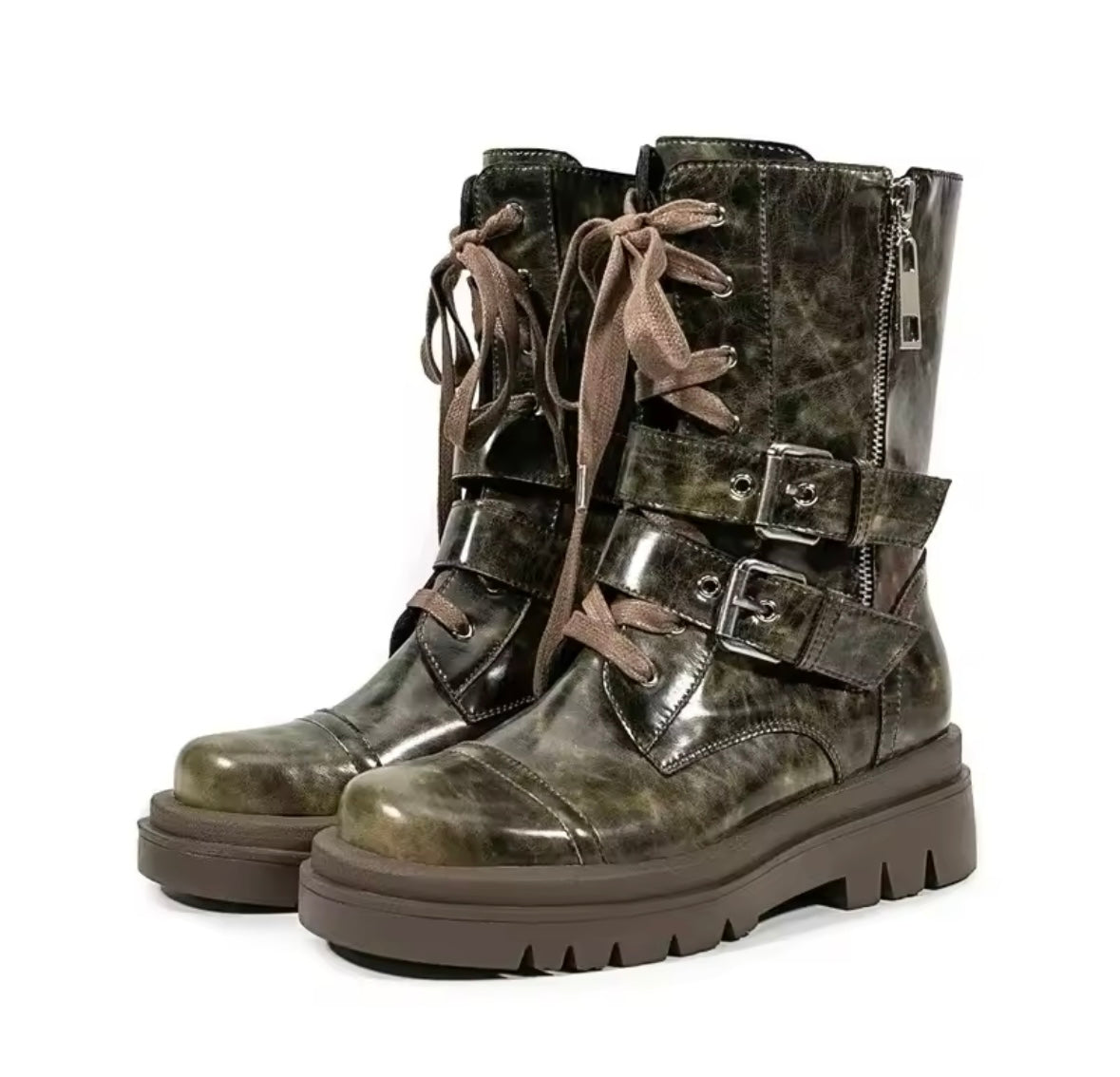 Women Color Buckled Lace Up Fashion Flat Boots
