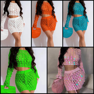 Women Sexy See Through Full Sleeve Two Piece Skirt Set