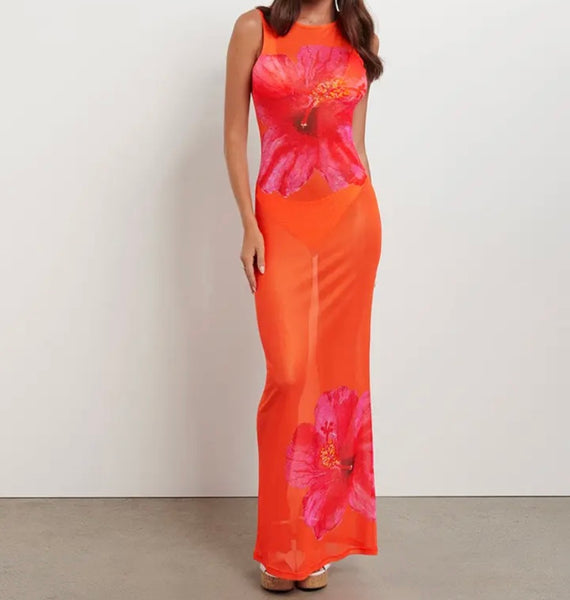 Women Orange Floral Print Sexy Sleeveless Mesh Maxi Dress