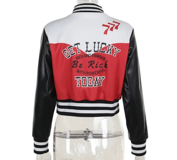 Women Fashion Color Patchwork Letter Print Varsity Jacket