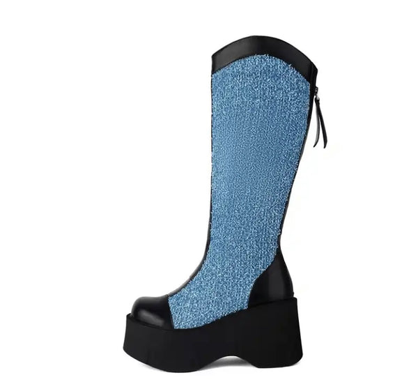 Women Fashion Denim Color Patchwork Platform Knee High Boots
