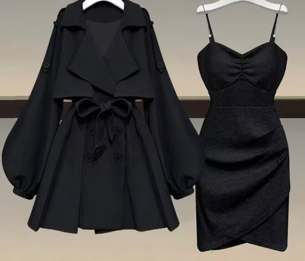 Women Sexy Sleeveless Dress Two Piece Trench Jacket Set