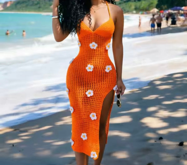 Women Sexy Halter Sleeveless Floral Knitted Maxi Dress