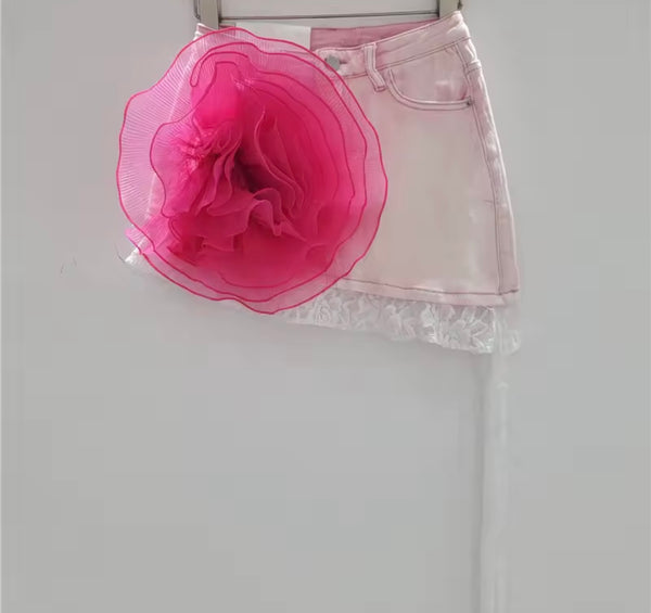 Women Fashion 3D Floral Lace Patchwork Denim Skirt