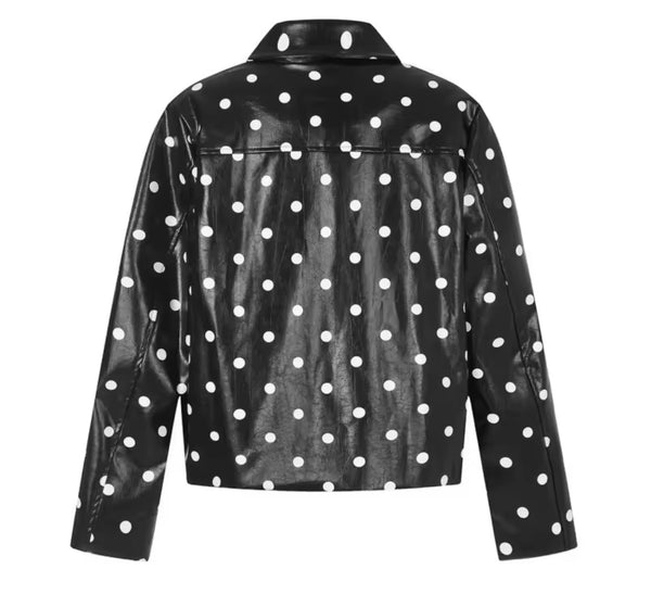 Women Fashion Black Polka Dot Faux Leather Jacket
