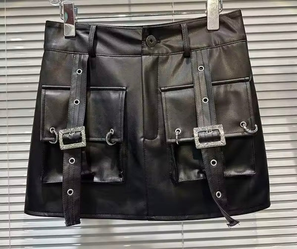 Women Sexy Fashion Black Buckled Faux Leather Skirt
