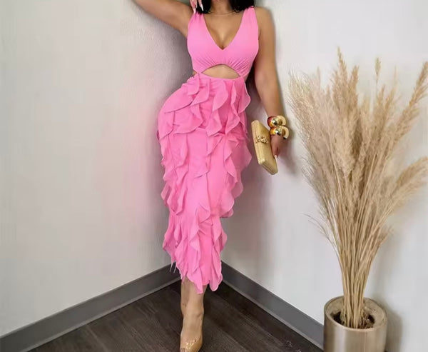 Women Solid Color Sleeveless Cut Out Ruffled Dress