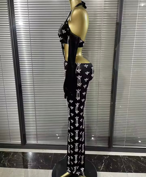 Women Sexy Black Halter Rhinestone Tassel Maxi Dress