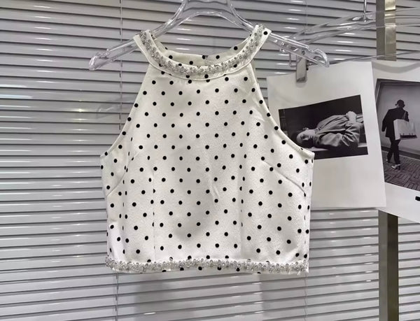 Women Sexy Rhinestone Halter Sleeveless Polka Dot Two Piece Skirt Set