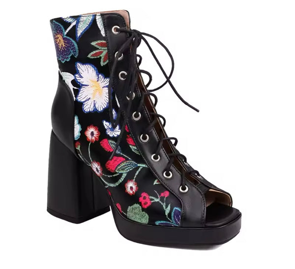 Women Fashion Open Toe Floral Lace Up Ankle Boots