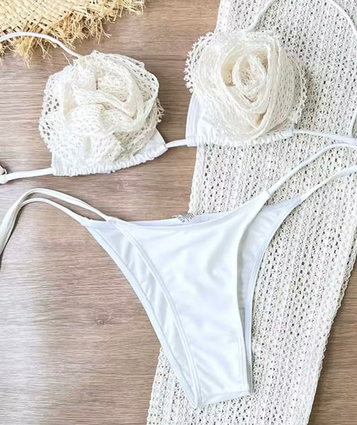 Women Sexy White 3D Floral Knitted Bikini Cover Up Set
