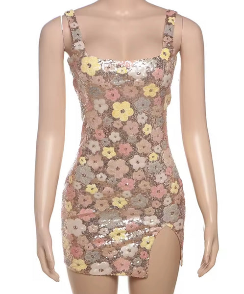 Women Sexy Sleeveless Sequins Floral Dress