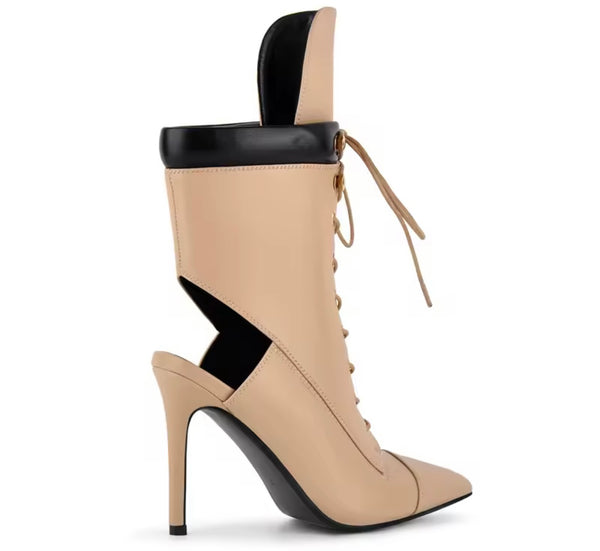 Women Fashion Pointed Toe Lace Up Cut Out High Heel Ankle Boots