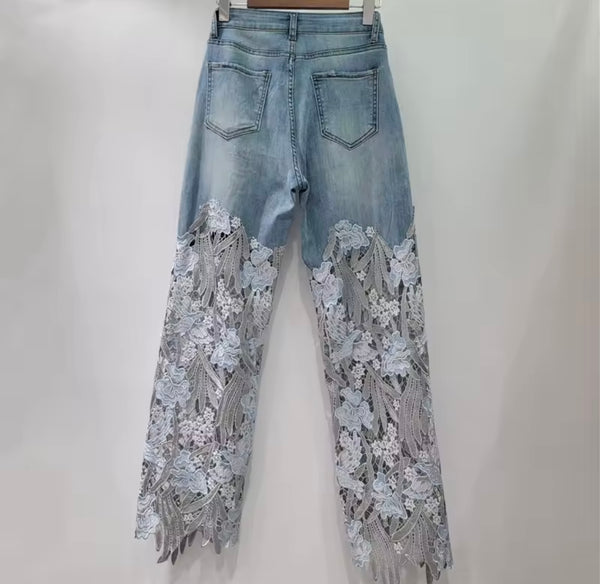 Women Fashion Embroidery Lace Patchwork Denim Pants