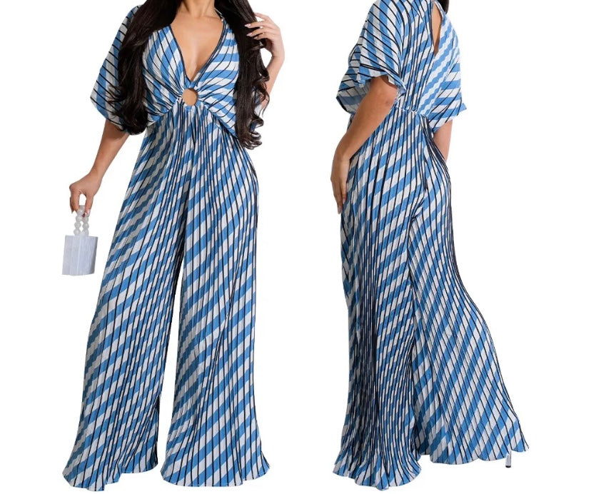 Women Sexy Striped V-Neck Short Sleeve Wide Leg Jumpsuit