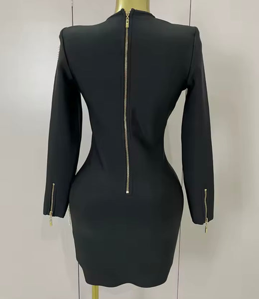 Women Black Sexy Beaded Pearl Full Sleeve Dress