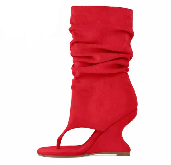 Women Fashion Suede Open Toe Ruched Wedge Ankle Boots