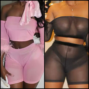 Women Sexy Strapless Feather Sleeve Mesh Two Piece Short Set
