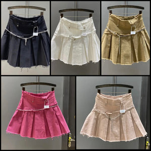 Women Solid Color Fashion Pleated Denim Skirt