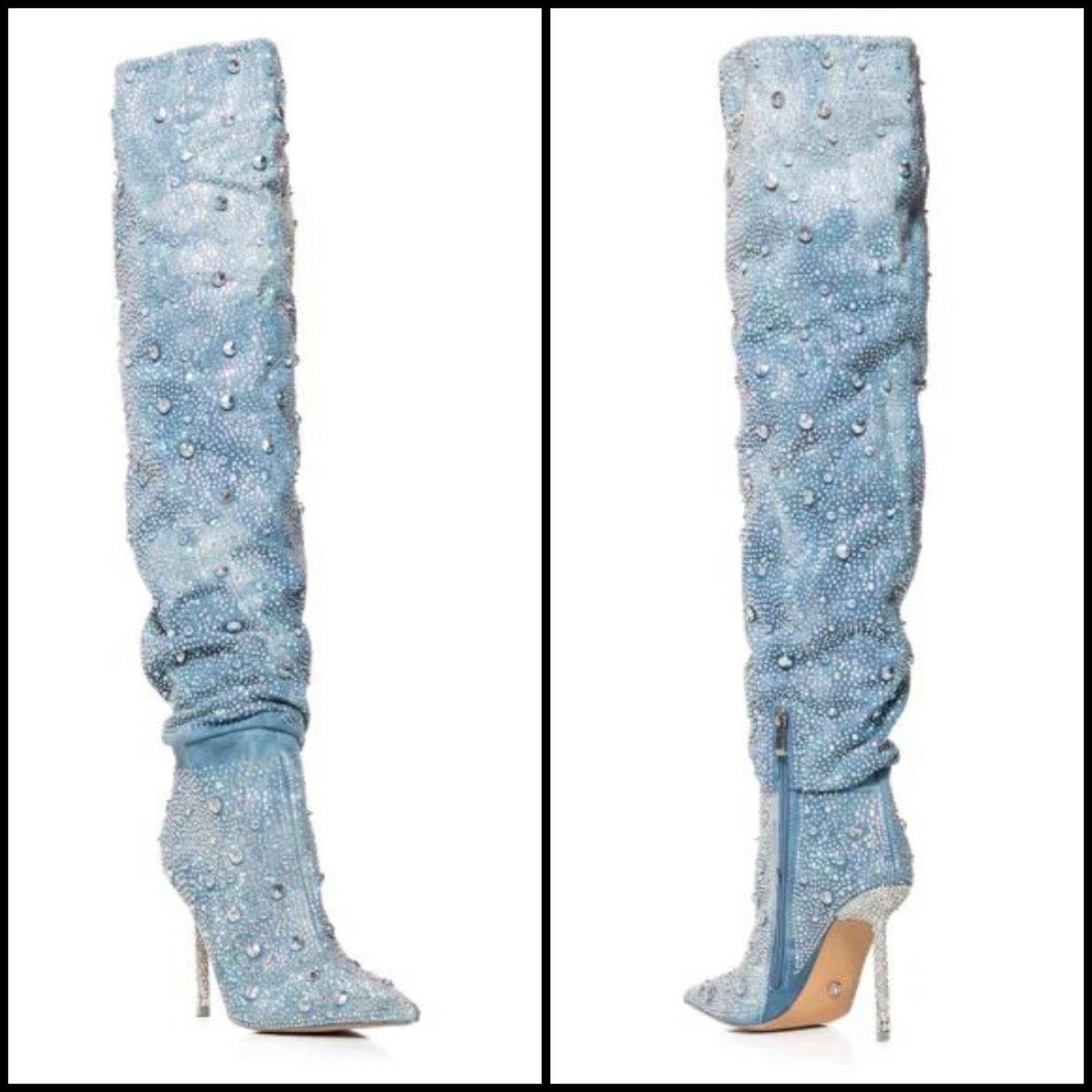 Women Fashion Ruched Bling Rhinestone Knee High Denim Boots