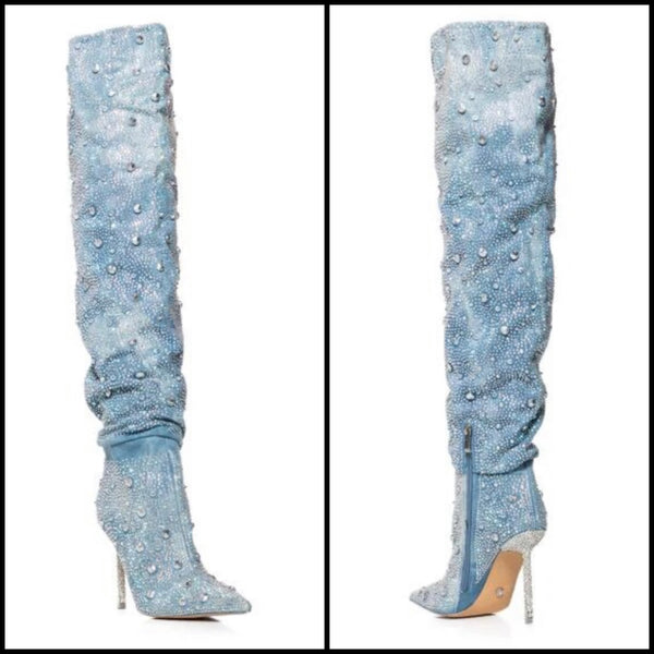 Women Fashion Ruched Bling Rhinestone Knee High Denim Boots