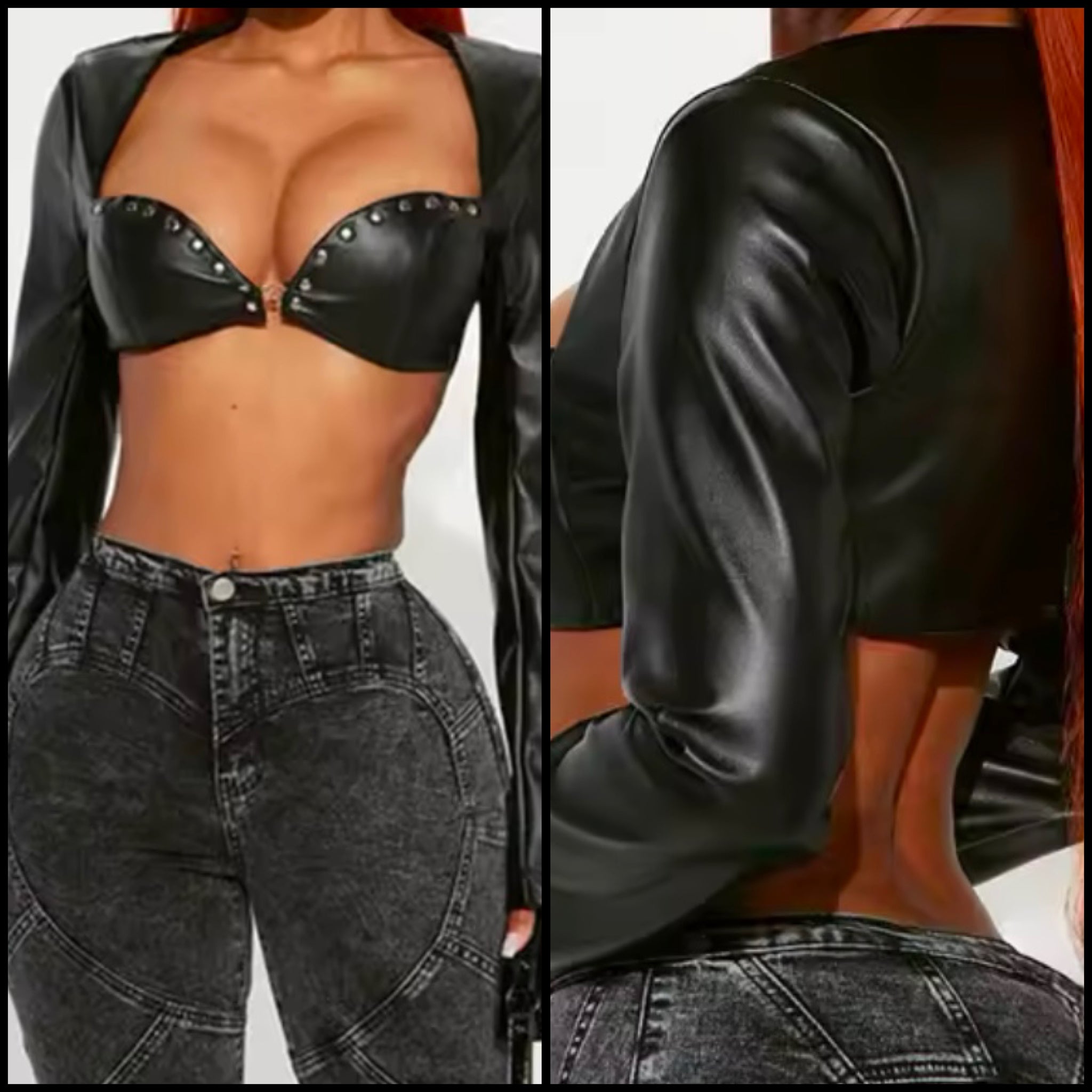 Women Fashion Black Rivet Full Sleeve Faux Leather Crop Top