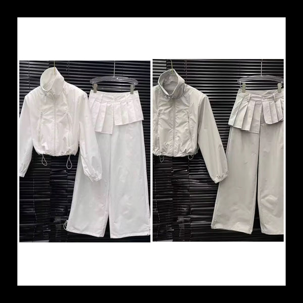 Women Fashion Zip Up Jacket Two Piece Pleated Wrap Pant Set