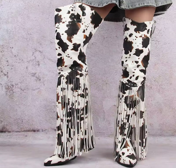 Women Fashion Animal Print Tassel Over The Knee Western Boots
